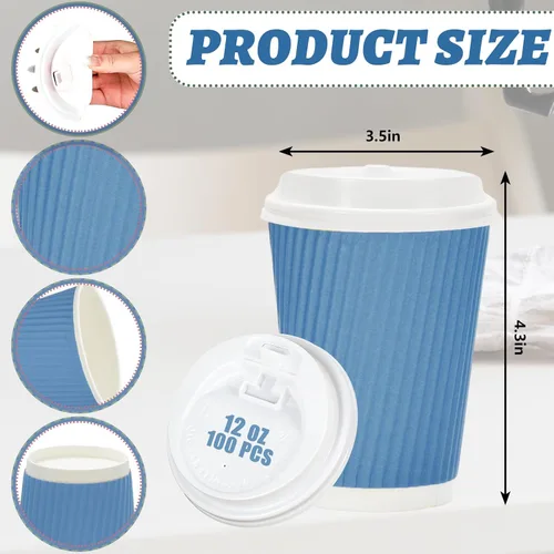 Miniatura 2 de Whaline 100 tazas de café desechables de color azul polvoriento de invierno con tapas, tazas de papel azul degradado de 12 onzas, tazas calientes