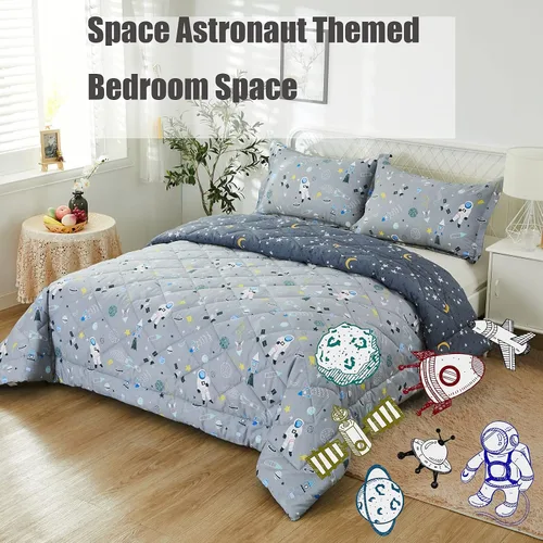 Miniatura 4 de Brandream Juego de ropa de cama espacial para niños y niñas, 100% algodón, juego de edredón de cohete espacial y galaxia, 3 piezas