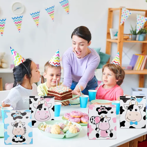 Miniatura 5 de Leinuosen Paquete de 24 bolsas de golosinas con estampado de vaca, bolsas de regalo de fiesta de vacas para niños, cajas de regalos con temática