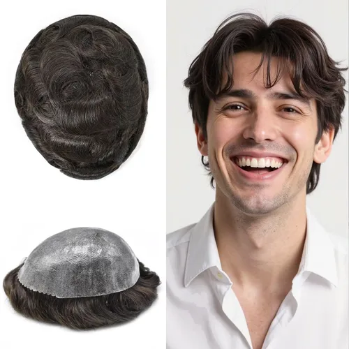 Miniatura 40 de Toupee - Sistema de reemplazo de cabello humano real de 0.004 in para hombres, con inyección, poliuretano duradero, piel fina, línea capilar