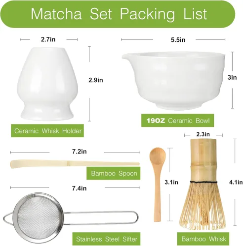 Miniatura 3 de Juego de batidor de matcha, juego de 6 piezas con cuchara de matcha de bambú y tamiz de acero inoxidable/cuenco de cerámica con boquilla