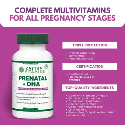 Miniatura 7 de Zaytun Vitamins Vitaminas prenatales halal + DHA, hierro de ácido fólico, jengibre para calmar, un día, para todas las etapas del embarazo, sin