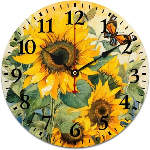 Miniatura 11 de Relojes de pared de 16 pulgadas, girasol con abejas y hojas, movimiento de cuarzo decorativo de madera, número arábigo, mariposa, girasol, reloj