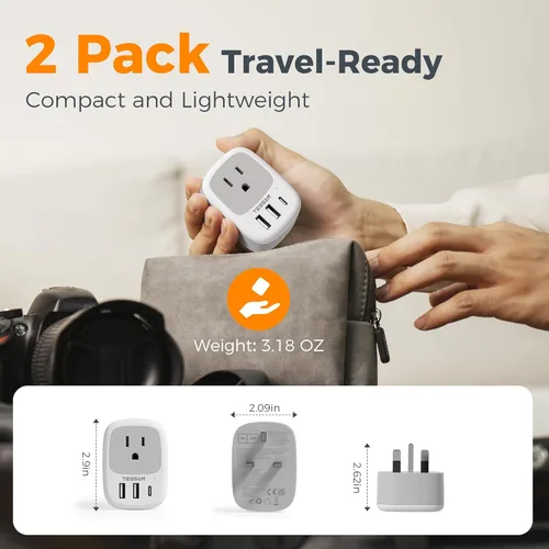 Miniatura 6 de TESSAN Ireland - Paquete de 2 adaptadores de enchufe para viajes, adaptador de enchufe TESSAN Irlanda con 3 puertos USB (1 USB C), toma de corriente