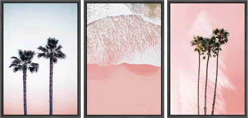 Miniatura 65 de SIGNWIN Conjunto de arte de pared de lienzo enmarcado, acuarela pastel, cielo de nubes rosas, colina verde del campo, naturaleza, vida silvestre