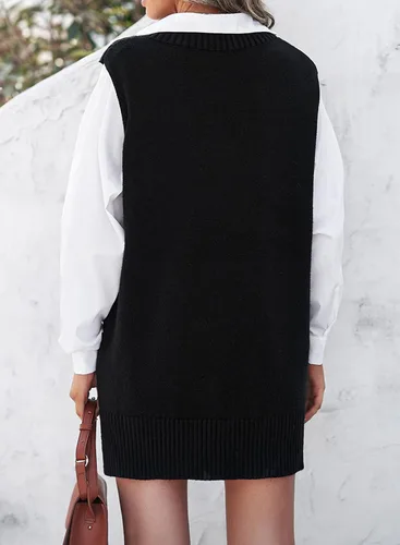 Miniatura 4 de EVALESS Chaleco Suéter de Gran Tamaño para Mujeres Cuello en V Sin Mangas Color Sólido Suéter Pullover Suelto