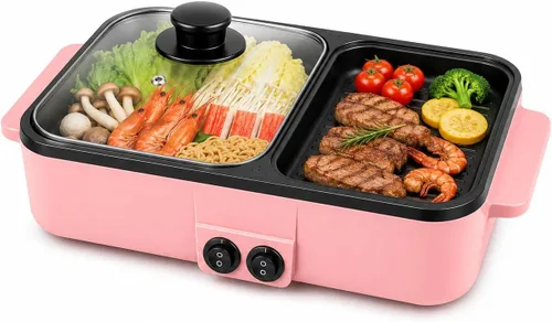 Miniatura 9 de Olla Caliente con Parrilla, Olla Caliente Eléctrica y Sartén, Olla Shabu Shabu con Parrilla, Olla Shabu Shabu Antiadherente y Plancha 2 en 1