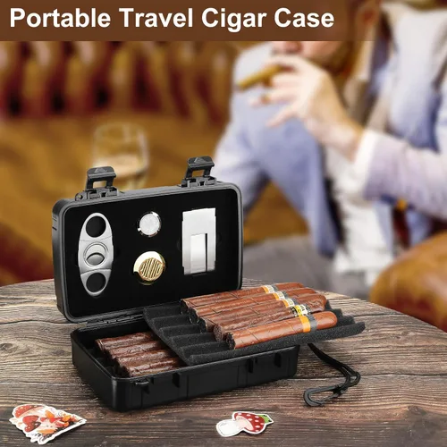 Miniatura 3 de Estuche para cigarros de viaje con capacidad para 10 puros, humidor de cigarros portátil incluye cortador de puros, humidificador, higrómetro, juego