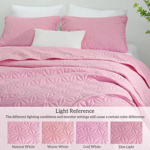 Miniatura 5 de Juego de ropa de cama Whale Flotilla King, colchas suaves de color rosa claro para cama tamaño King, 3 piezas de colcha geométrica ligera