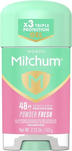 Mitchum Gel antitranspirante y desodorante para mujer con triple protección contra olores, polvo fresco, protección 48 horas, 2.25 onzas