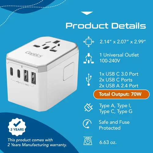 Miniatura 4 de Ceptics Adaptador de viaje universal 6 en 1 con PD 70W USB-C y 2X USB-A y 2X USB-C 3A, cargador universal con QC 3.0 para EE. UU./UE/Reino Unido/AU