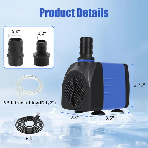 Miniatura 2 de AQUANEAT Bomba de fuente, bomba de agua sumergible de 480 GPH con tubo de 5 pies, para acuario, fuente de agua para mascotas, hidroponía, bomba