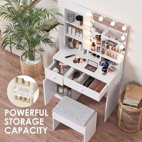 Miniatura 4 de Escritorio de tocador con espejo, luces y tira de corriente, tocador pequeño para espacios pequeños, mesa de maquillaje moderna con 4 cajones