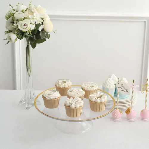 Miniatura 9 de Efavormart - Paquete de 2 elevadores de plástico transparente de 12 pulgadas con borde dorado para cupcakes y postres, soporte desechable para tartas