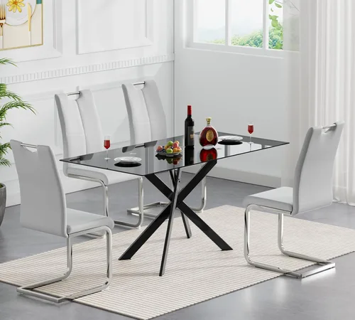 Miniatura 57 de Juego de mesa de comedor redonda de 3 piezas para 2, mesa de cocina moderna de vidrio plateado y sillas para 2 con sillas tapizadas, juego de mesa