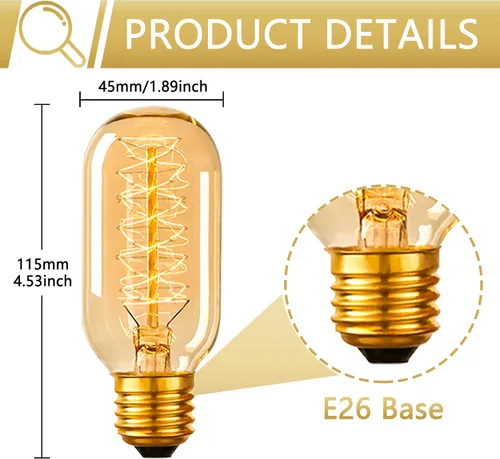 Miniatura 2 de Bombillas Edison incandescentes T45 retro de 40 W, 6 paquetes, 110-130 V, base E26 regulable, bombilla Edison 6 paquetes, 2200 K ámbar amarillo
