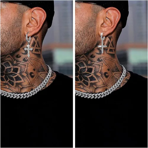 Miniatura 3 de 2 pares de aretes de cruz para hombre, chapados en oro de 14 quilates, colgantes, clásicos, pequeños 5A+, circonita cúbica pavimentada, aretes