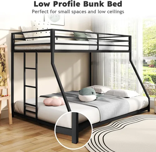 Miniatura 6 de Zevemomo - Litera de cama individual sobre cama matrimonial, literas de metal de bajo perfil con barandilla de seguridad de longitud completa