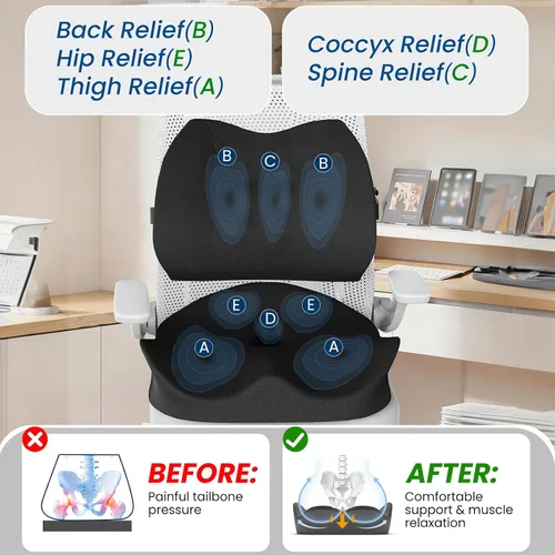 Miniatura 4 de Cojín de Asiento con Almohada de Soporte Lumbar para Silla de Oficina, Cojines de Espuma Viscoelástica Tamaño Extra Grande para Alivio del Dolor