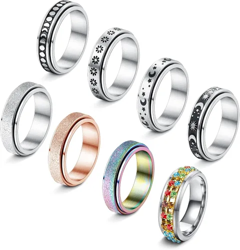 CASSIECA Anillos giratorios de acero inoxidable para mujeres y hombres anillos giratorios de flores luna estrella anillos de ansiedad frescos para