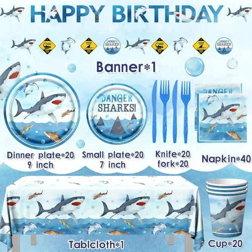 Miniatura 6 de Decoraciones de fiesta de cumpleaños de tiburón, juego de vajilla de 142 piezas de suministros de cumpleaños de tiburón, incluye platos