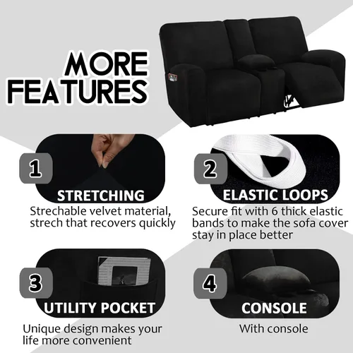 Miniatura 4 de ULTICOR Funda para Sofá de Dos Plazas Reclinable con Consola del Medio, Fundas de Sofá Reclinable de Terciopelo Elástico de 8 Piezas, Gruesas, Negro