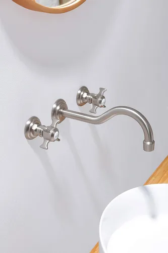 Miniatura 2 de SITGES Grifo de pared, grifo de pared de lavabo de baño de dos manijas con válvula áspera incluida, níquel cepillado