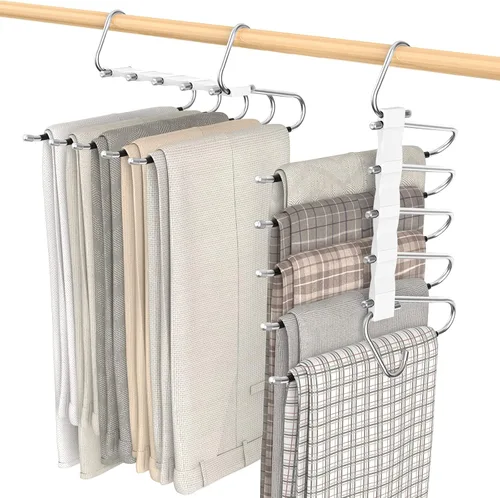 Miniatura 8 de Loretoy Paquete de 4 perchas para pantalones que ahorran espacio, estante multifuncional antideslizante para pantalones, tubo de acero inoxidable