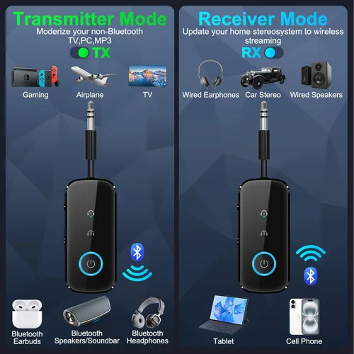 Miniatura 2 de Transmisor Receptor Bluetooth 5.4 Premium Pro, adaptador de audio de avión, transmisor inalámbrico para TV/vuelo de viaje, aerolínea, gimnasio. Negro