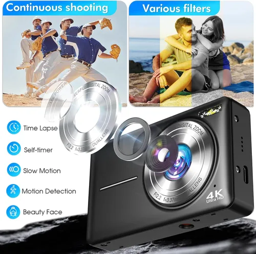 Miniatura 6 de Cámara digital 4K, cámara de videoblogs de 64 megapíxeles con enfoque automático y lente dual, zoom digital 16X, cámara compacta de YouTube