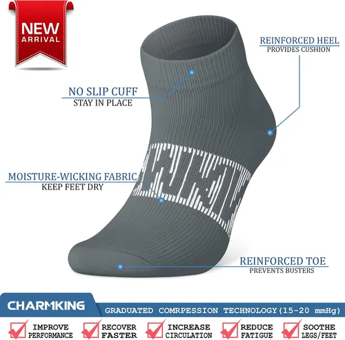 Miniatura 5 de CHARMKING Calcetines de compresión para mujeres y hombres, 6 pares de calcetines atléticos de tobillo de 15-20 mmHg, ideales para entrenamiento