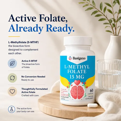 Miniatura 3 de 15 mg L de metilfolato (5-MTHF)- Acido fólico activo enriquecido con vitaminas B6 y B12-60 cápsulas vegetarianas - Sin OMG, sin gluten