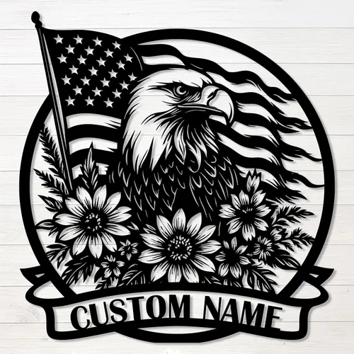 Miniatura 9 de Letrero de metal personalizado de águila y bandera estadounidense, arte de pared patriótico con nombre personalizado, decoración de hierro