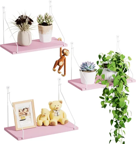 QsQueen Eleva tu espacio con estantes flotantes de madera rústica de 3 piezas - Perfecto para la decoración de dormitorio, sala de estar, baño y Rosa