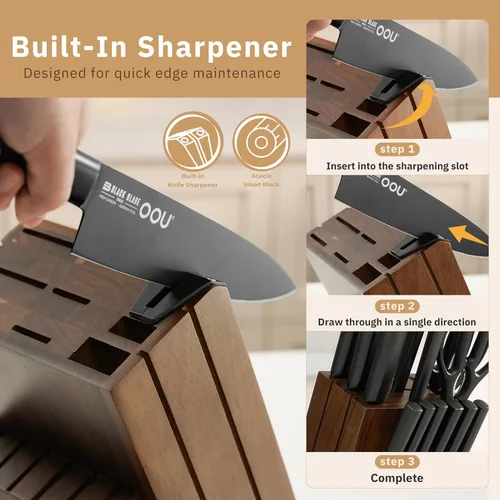 Miniatura 7 de OOU - Juego de bloque de cuchillos de cocina - 15 piezas de cuchillos de chef de acero inoxidable de alto carbono, juego de cuchillos negros