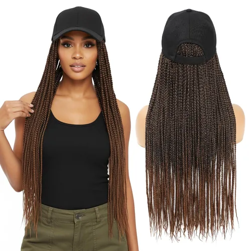 Miniatura 18 de Gorra con peluca para mujeres con gorra de béisbol y cabello trenzado adjunto, peluca de trenzas negras sintéticas, gorra ajustable con trenzas