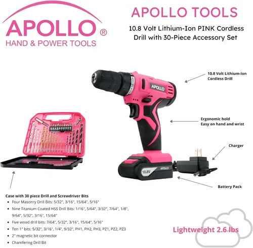 Miniatura 2 de Apollo Tools Potente taladro inalámbrico ligero, batería de iones de litio de 10.8 con juego de brocas de accesorios de 30 piezas, cinta rosa, rosa