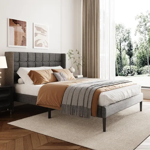 Miniatura 8 de Base de cama tamaño matrimonial con cabecera con respaldo de ala, base de cama tapizada de lino con cabecera capitoné con botones, soporte