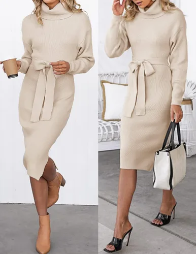 Miniatura 19 de ZESICA - Vestido por debajo de la rodilla de suéter, de cuello alto, para mujer, de manga larga, de punto acanalado, con abertura y cinturón