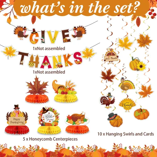 Miniatura 2 de Blosssound 29 piezas de decoraciones de fiesta de Acción de Gracias – Centros de mesa de nido de abeja de hoja de arce de pavo y calabaza, pancartas