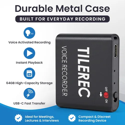 Miniatura 2 de TileRec Grabadora de audio activada por voz, dictáfono digital de 64 GB con reproducción, USB-C, caja de metal, grabadora portátil para reuniones