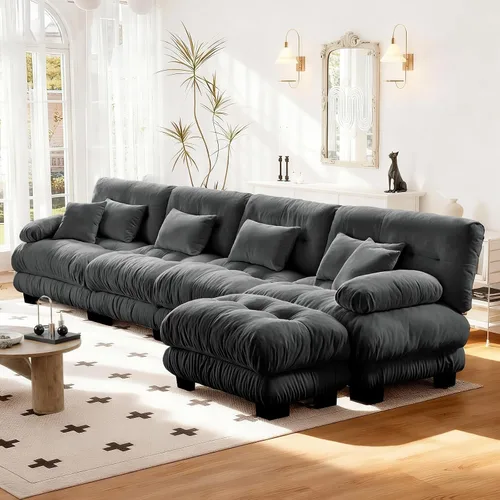 Miniatura 57 de Reposapiés Otomano Tapizado de Terciopelo con Cojín para Sofá Seccional Sofá 300 libras para Sala de Estar (Beige)