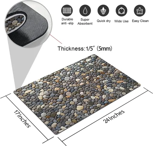 Miniatura 2 de Alfombra de baño con estampado de piedra de guijarro, antideslizante, lavable, patrón de adoquines, tapete de baño pequeño con parte trasera