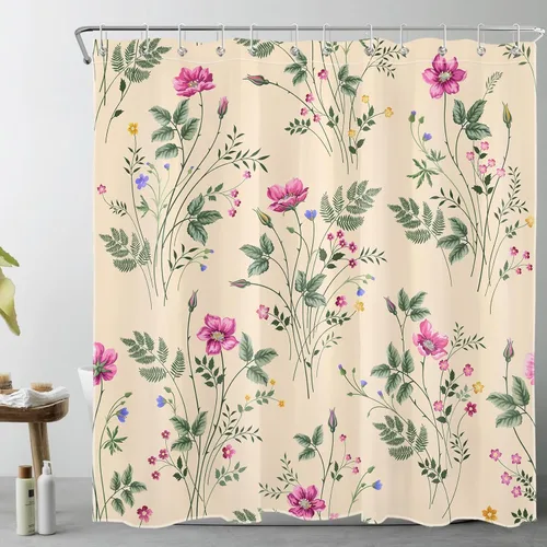 Miniatura 11 de Cortina de ducha floral rosa para baño, flores silvestres y hojas verdes salvia sobre beige, cortinas de ducha con ganchos, juego de cortinas