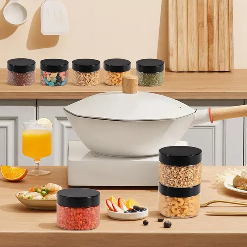 Miniatura 6 de Paquete de 48 tarros de plástico transparente de 4 onzas con boca ancha y tapas negras sin BPA, tarro de almacenamiento recargable multiusos vacío