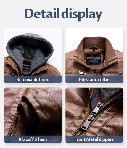 Miniatura 6 de CREATMO US Chaqueta de piel sintética para hombre, impermeable, resistente al viento, PU con capucha extraíble