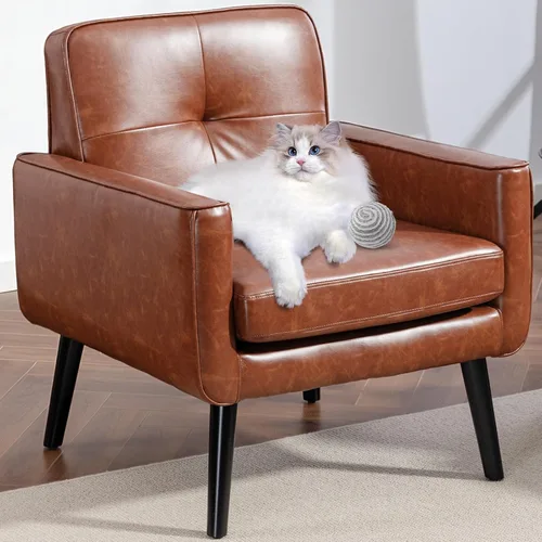 Sillón moderno de acento de mediados de siglo, silla de piel sintética PU con estructura de madera, sillón acogedor para lectura con respaldo cómodo