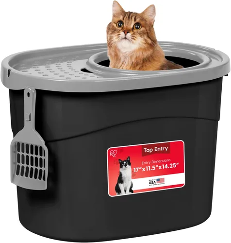 Miniatura 11 de Caja de arena para gatos IRIS USA, entrada grande en la parte superior con tapa para atrapar arena y cuchara, a prueba de perros, caja de arena