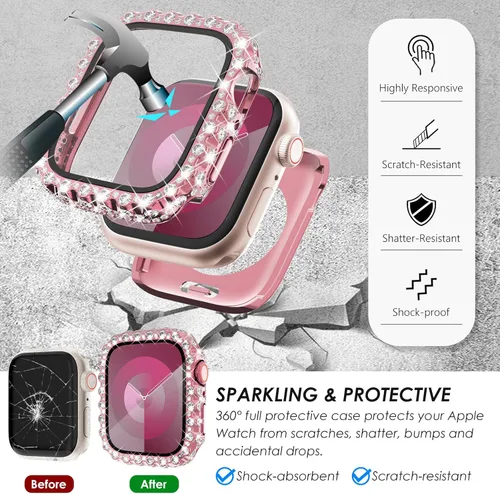 Miniatura 4 de Surace Estuche 2 en 1 impermeable brillante compatible con Apple Watch Series 9/8/7 de 45 mm, protector de pantalla, borde de encaje, diamante