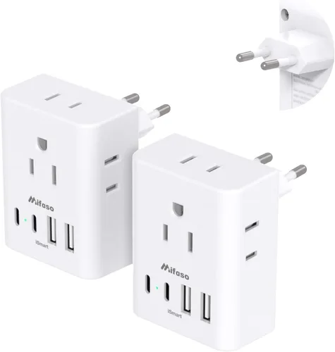 Paquete de 2 adaptadores de enchufe de viaje europeos, adaptador de corriente internacional con 4 tomas, 4 puertos USB C (2 USB C), adaptador tipo C